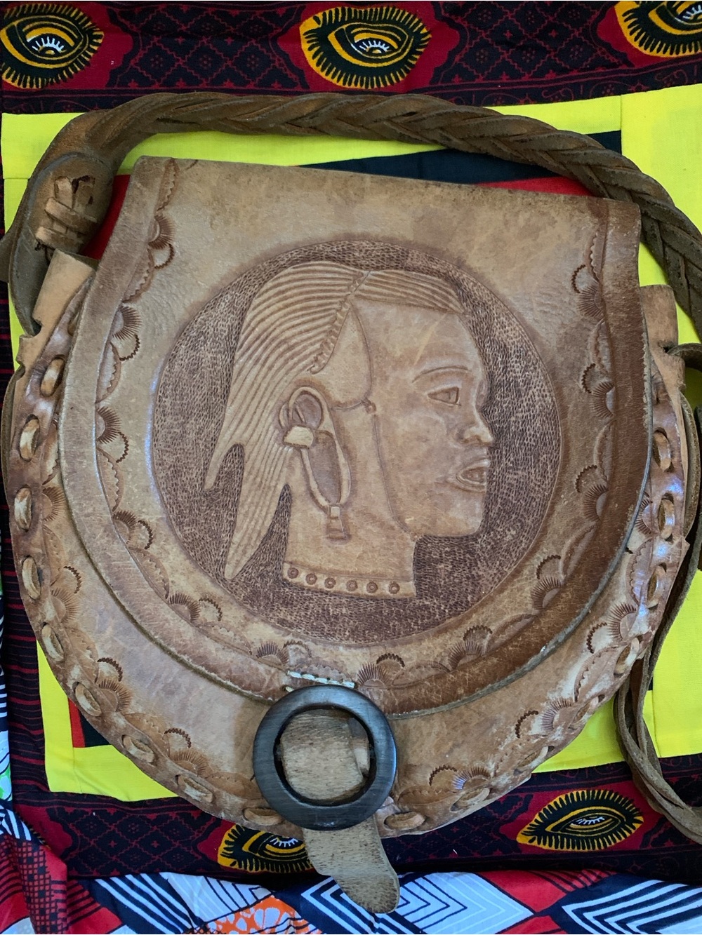 Vintage 70s African Leather Tooled Handbag